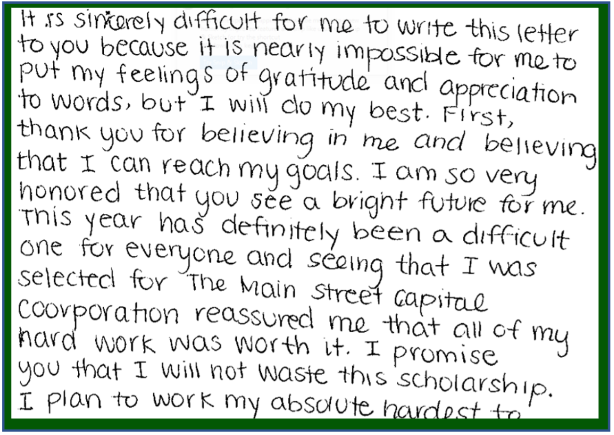 Thank you letter written by 2021 scholarship recipient